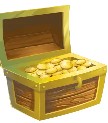 Open gold framed treasure with a pile of coins in it.